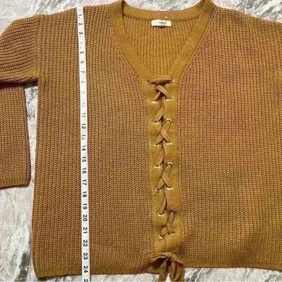Entro Anthropologie Brown Cable Knit Lace Front V Neck Sweater Size M - Picture 4 of 10
